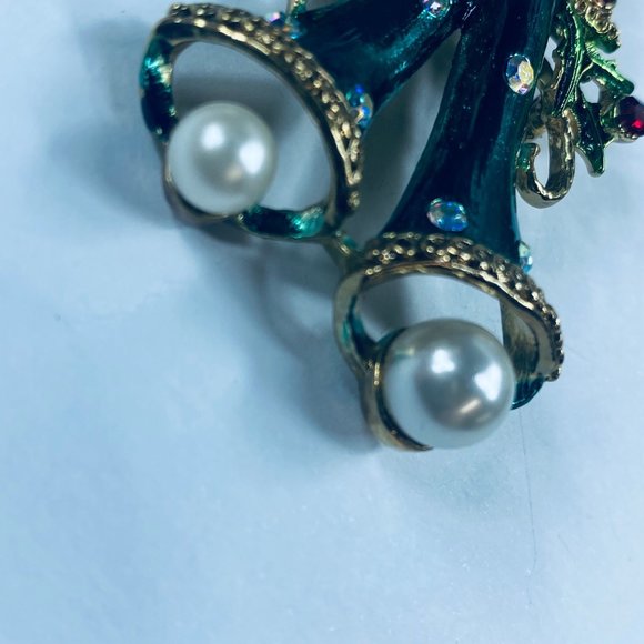 Long Two Bell Christmas Holiday Brooch Pin Holly Faux Pearls Rhinestone Bows - Picture 16 of 16